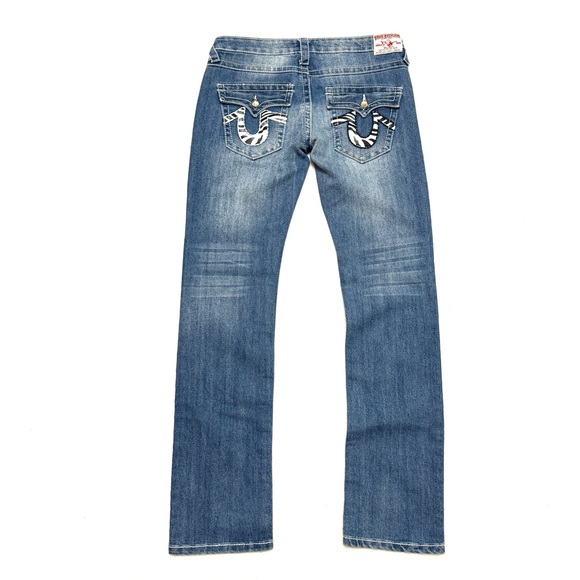 True Religion 31 Joey Super T Flap Jeans Zebra Chrystal Buttons Low Straight USA - Picture 3 of 10